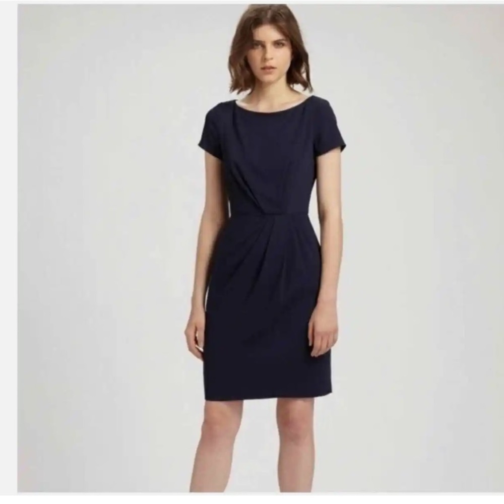 Theory Black Balbina Drapey Wool Blend Dress Career Short Sleeve